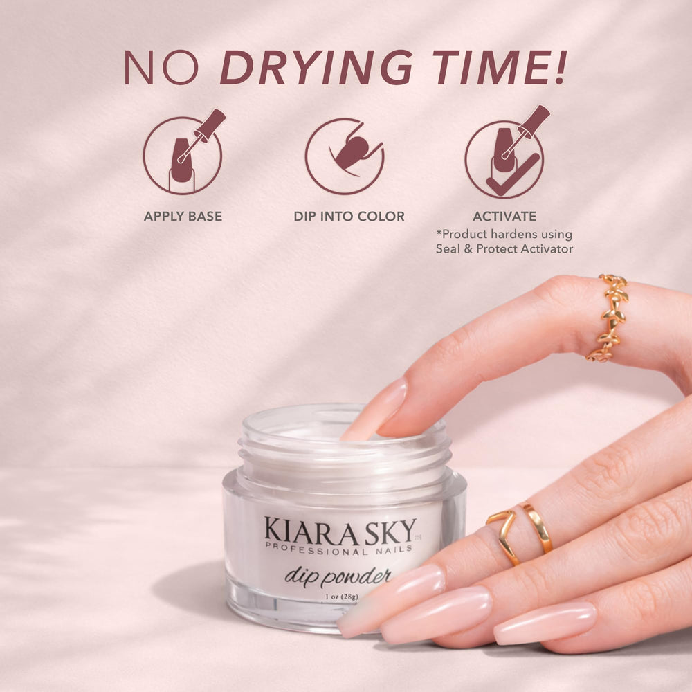 Technician applying Kiara Sky Seal Protect to dip powder nails for durability