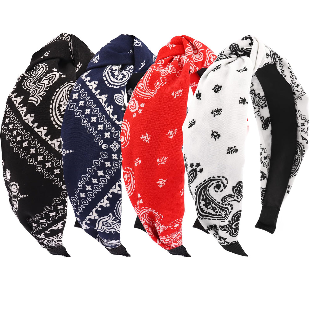 KICOSY front view of four bandana headbands showing colors and packaging benefits
