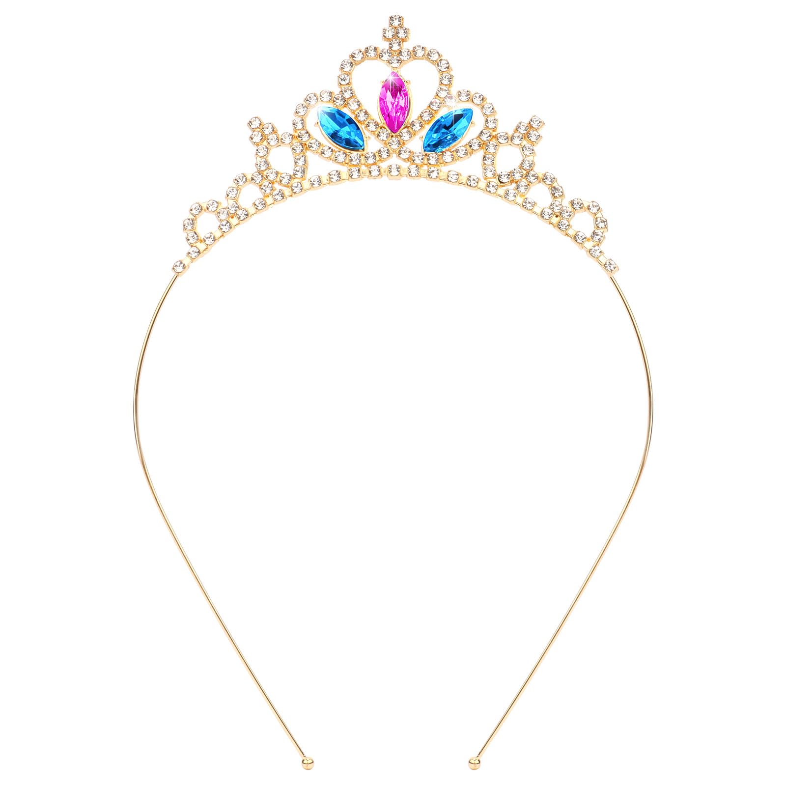 KICOSY tiara front view showing pink and blue crystals and regal sparkle