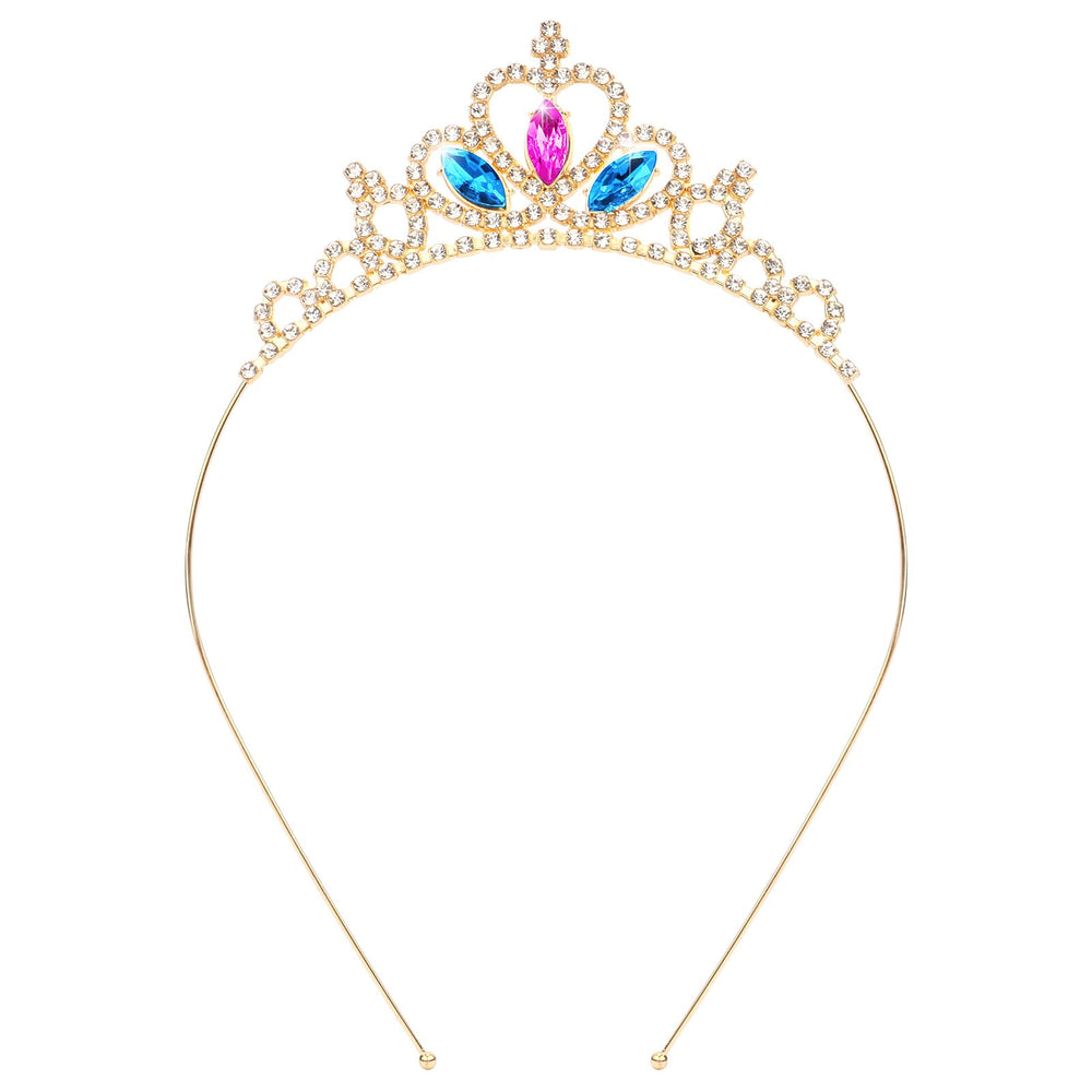 KICOSY tiara front view showing pink and blue crystals and regal sparkle