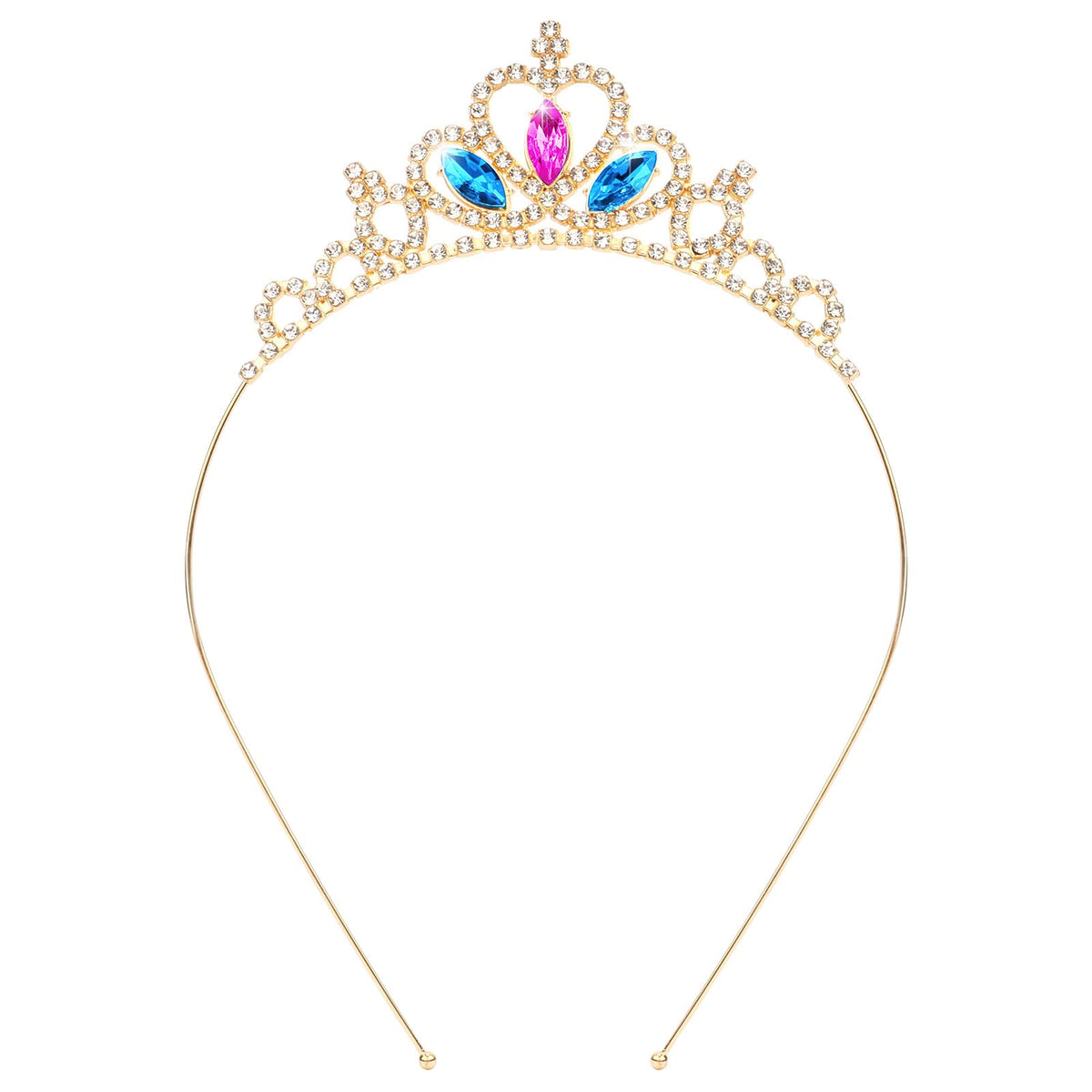 KICOSY tiara front view showing pink and blue crystals and regal sparkle