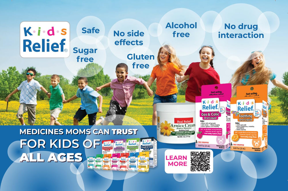 Kids Relief back label with usage directions and dermatologist-tested claim