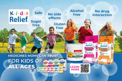 Kids Relief back label with usage directions and dermatologist-tested claim