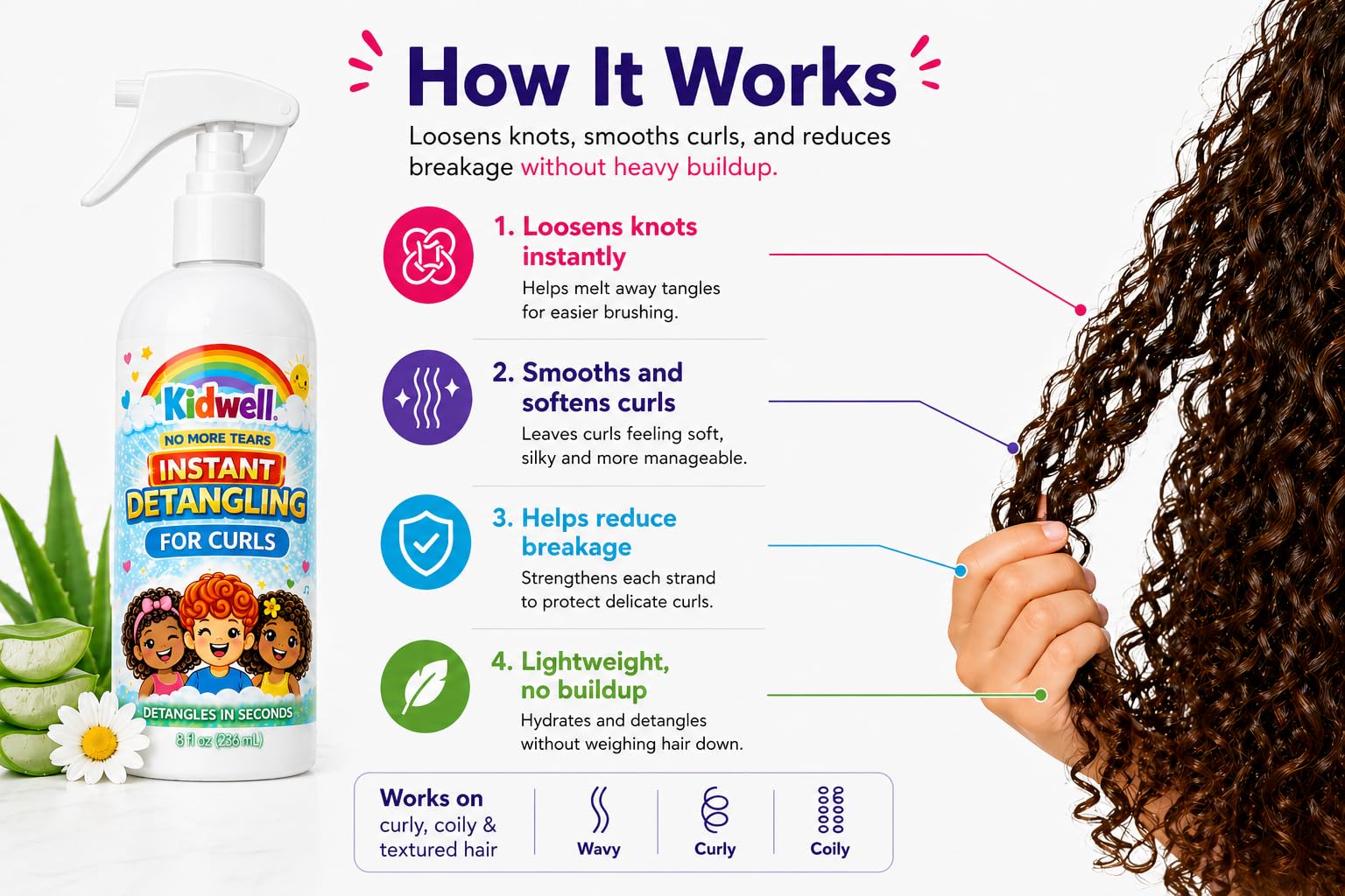 Kidwell detangler being sprayed on curly hair to ease brushing