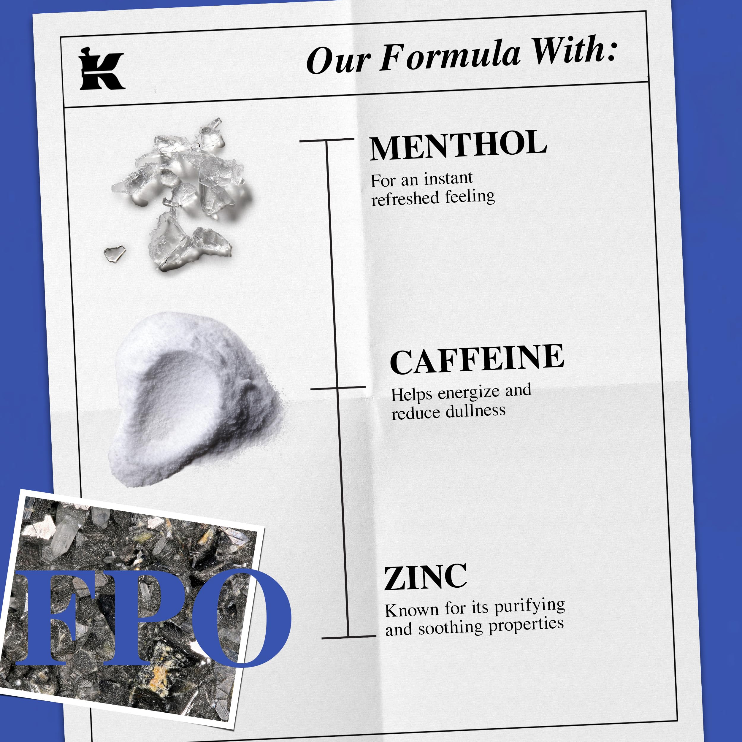 Kiehl's ingredients label display highlighting menthol and zinc benefits
