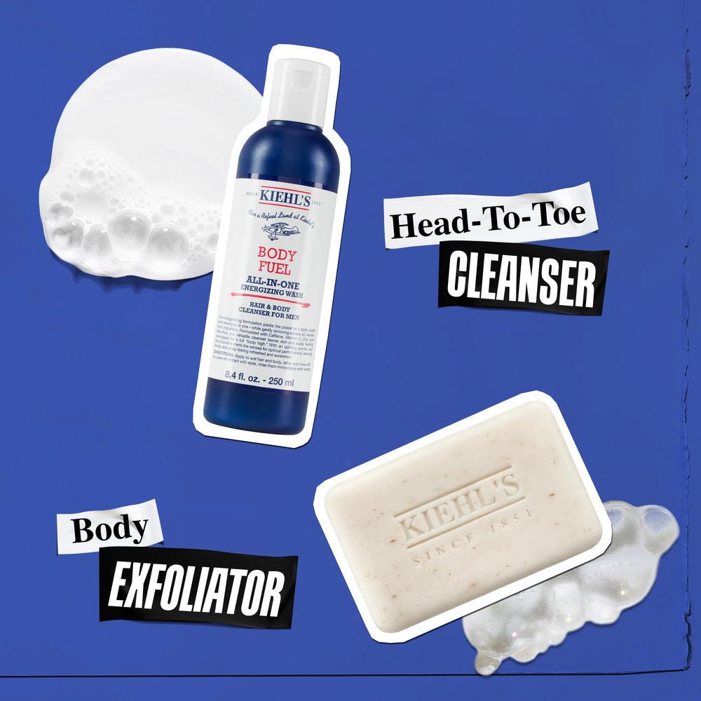Kiehl's bottle next to common items showing compact travel-friendly benefit
