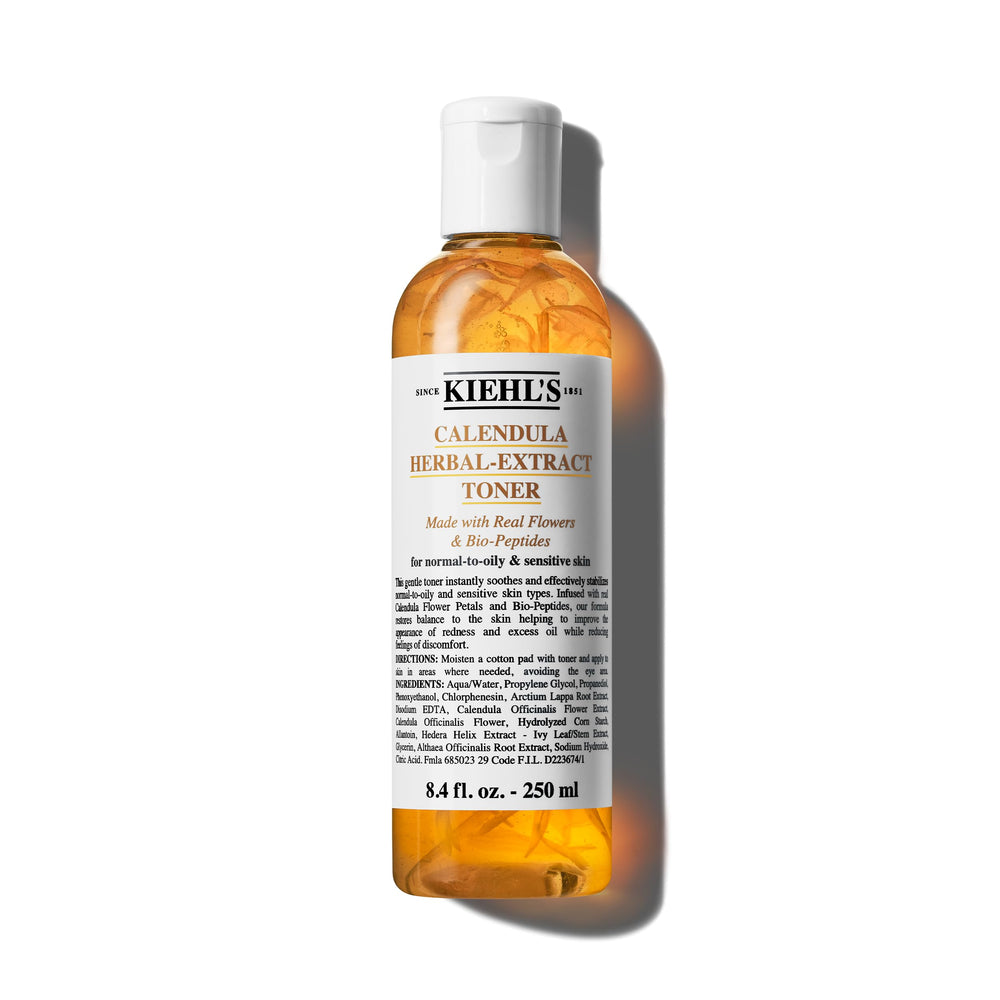 Kiehl's front bottle shot showing label and volume, highlights soothing benefits