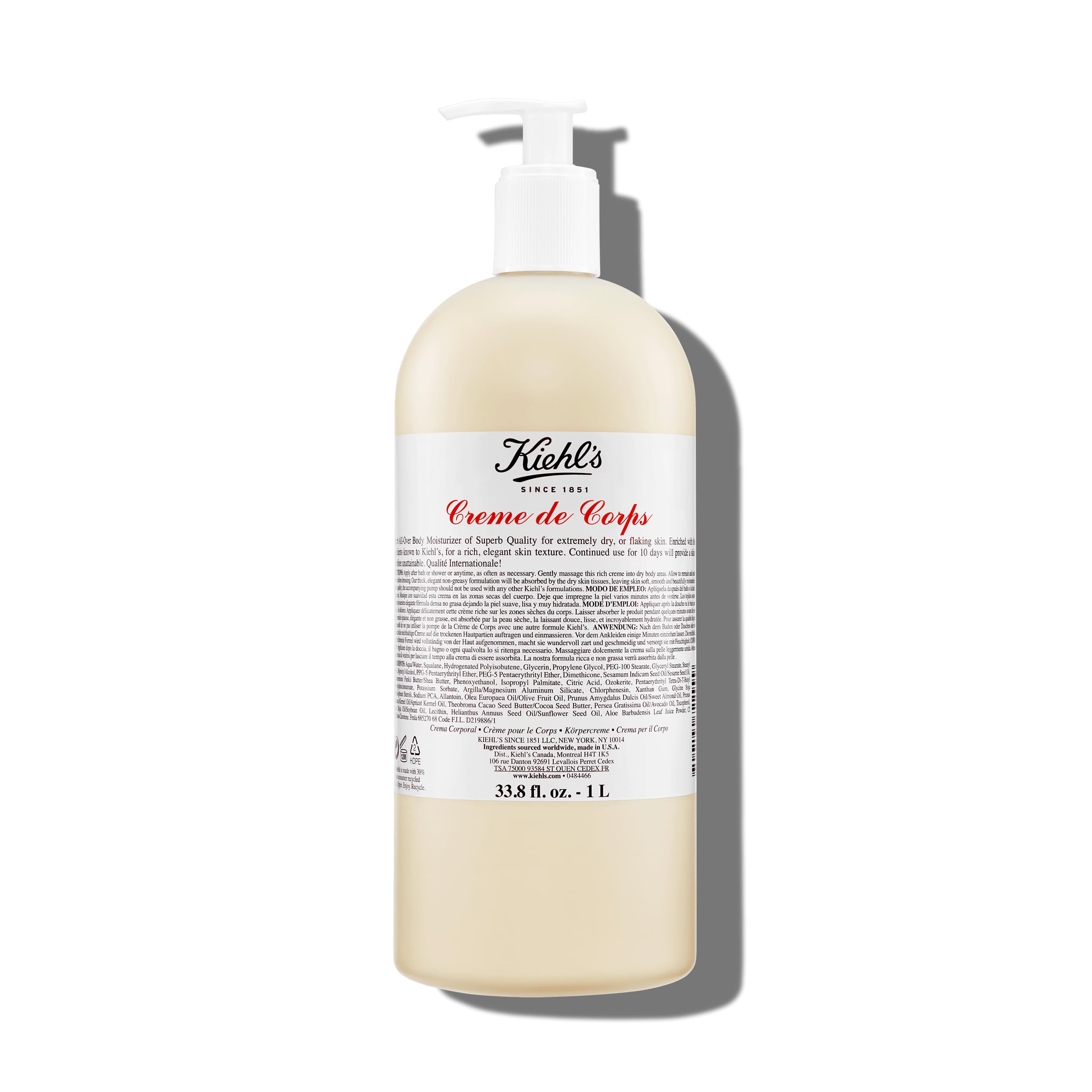 Kiehl's front pump bottle showing product branding and large size benefit