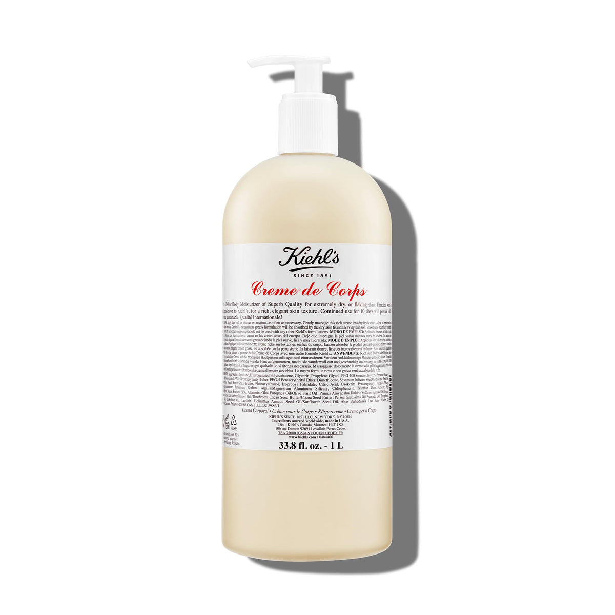 Kiehl's front pump bottle showing product branding and large size benefit