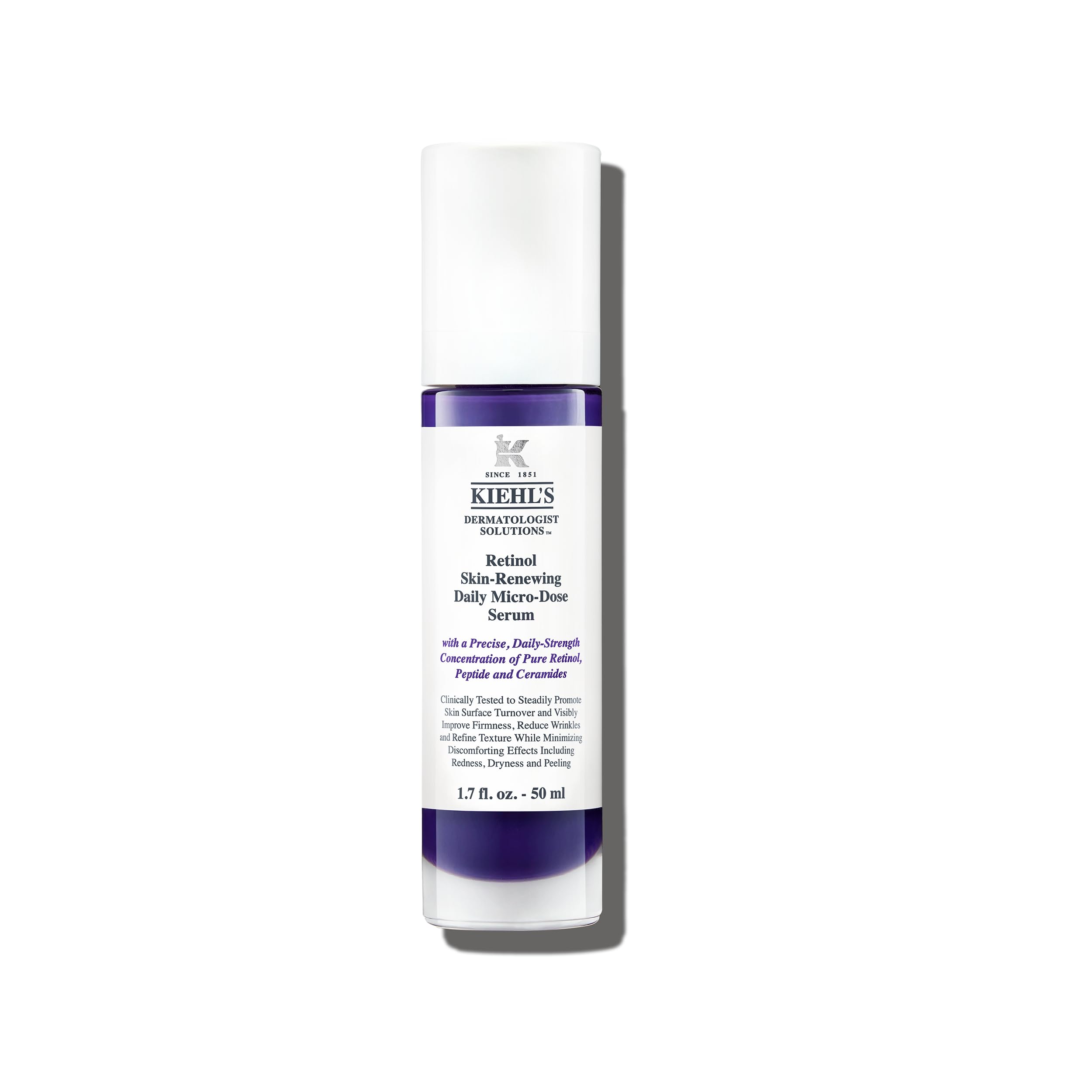 Kiehl's bottle front view showing compact anti-aging serum, easy daily use