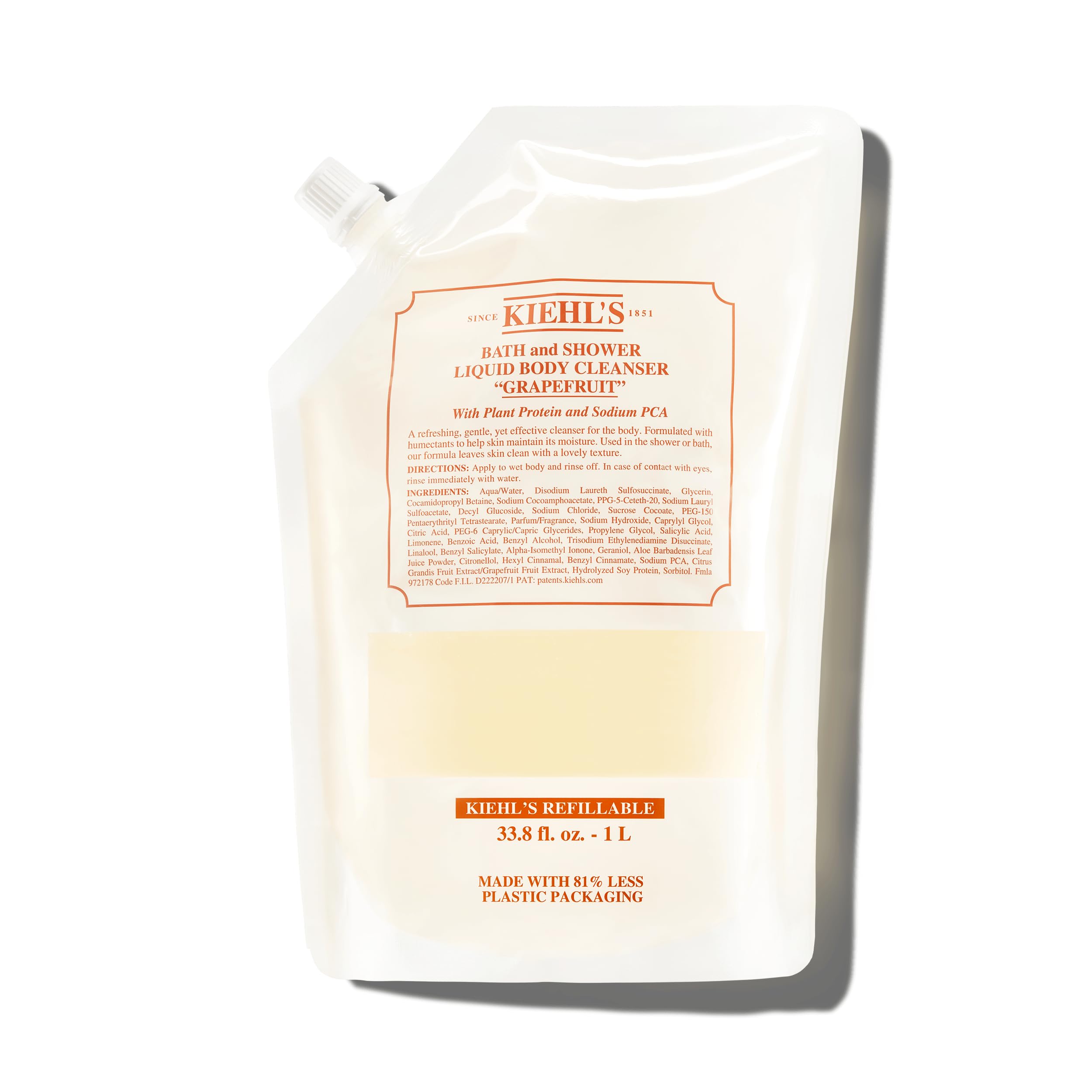 Kiehl's front packaging of 1L grapefruit body cleanser showing bottle benefit