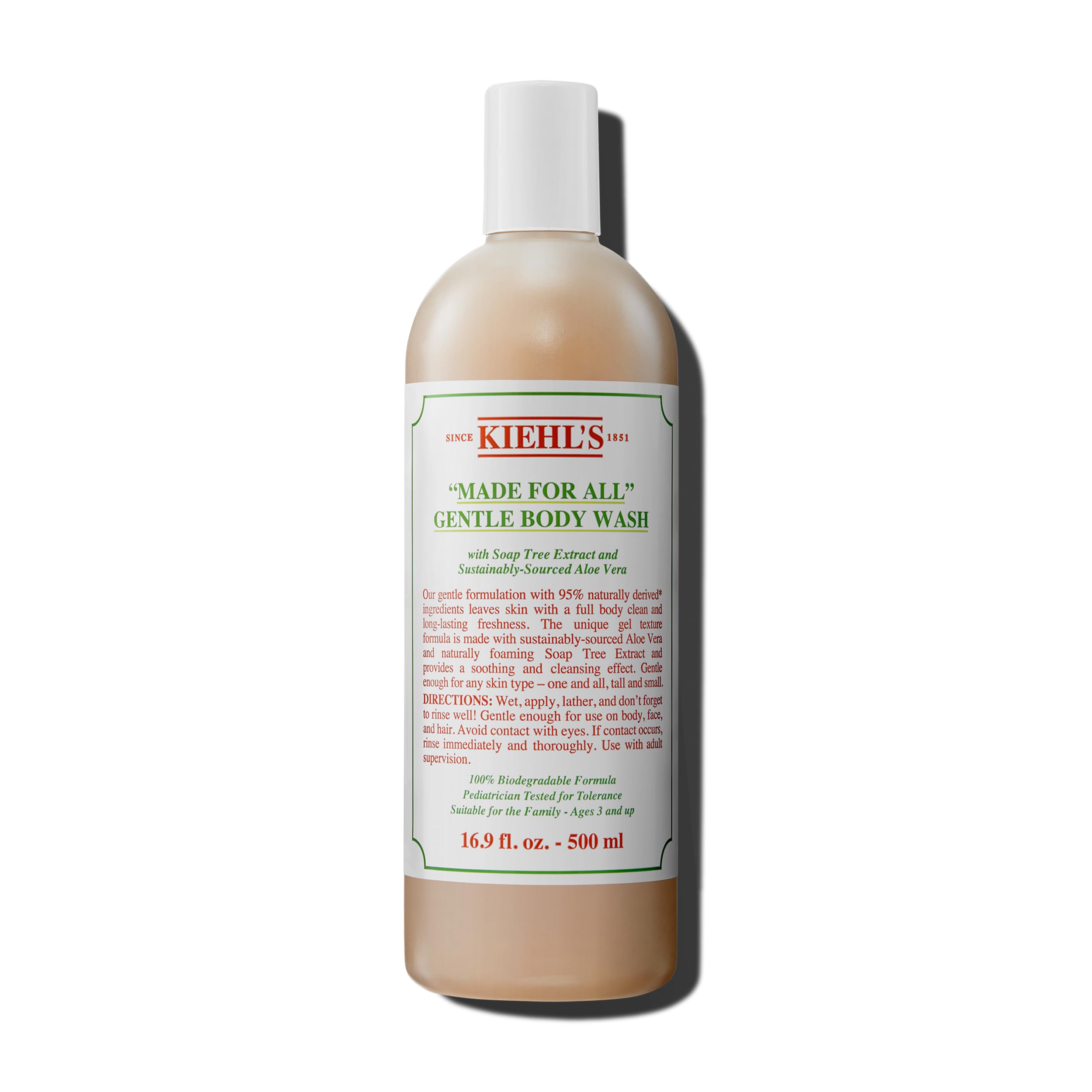 Kiehl's bottle front showing label and recyclable packaging benefit