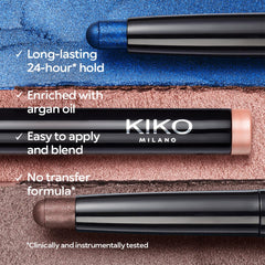 Kiko Milano applying bronze stick to eyelid in a mirror showing quick on-the-go application