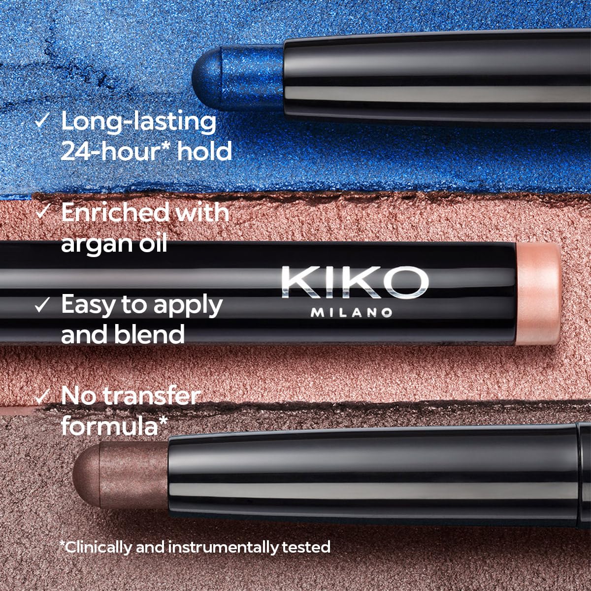 Kiko Milano stick next to ruler showing compact travel-friendly size