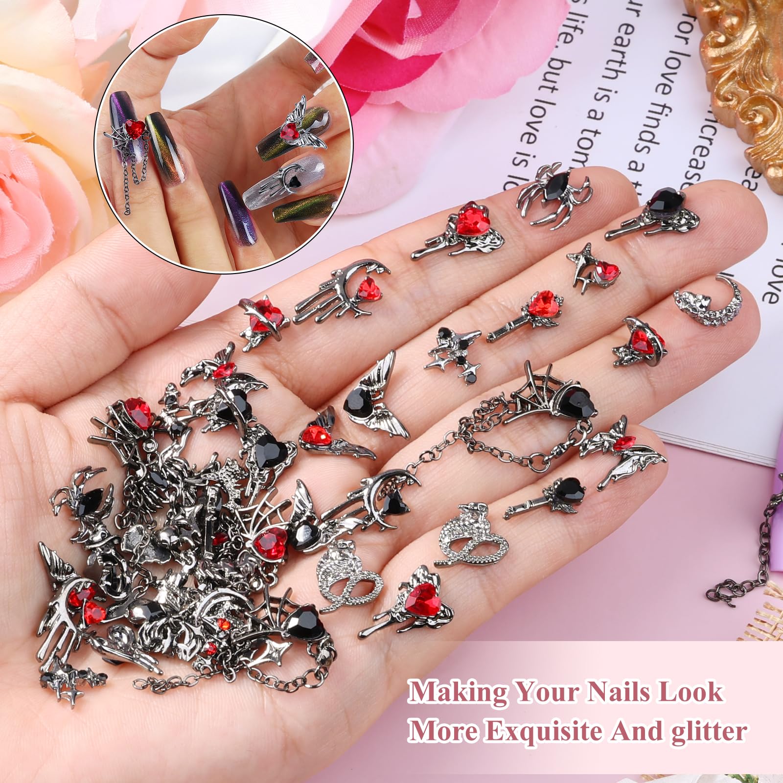 Kikonoke charms applied on acrylic nail demonstrating dramatic gothic manicure look