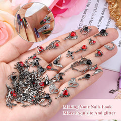 Kikonoke charms applied on acrylic nail demonstrating dramatic gothic manicure look