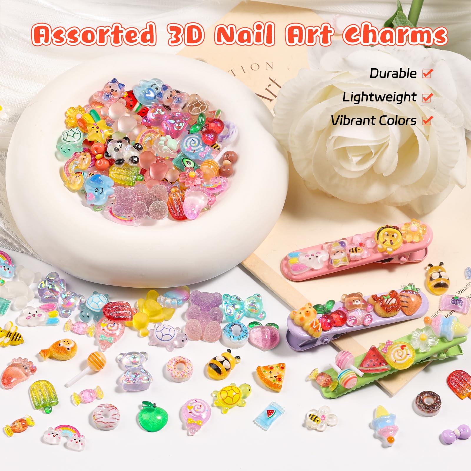 Kikonoke charms applied on acrylic nail swatch demonstrating playful finished look