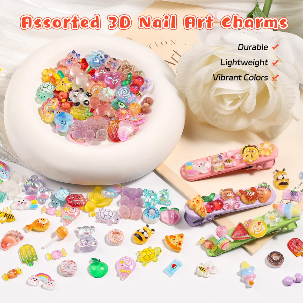 Kikonoke charms applied on acrylic nail swatch demonstrating playful finished look