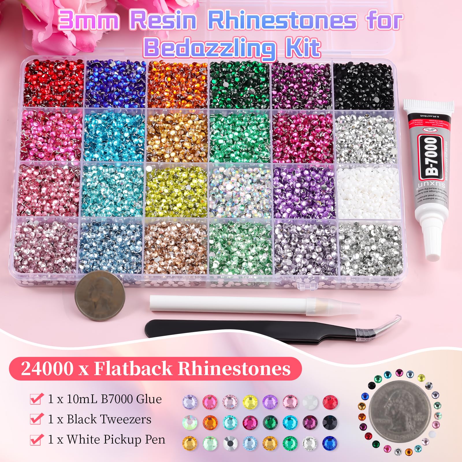 Kikonoke close-up color grid displaying 24 shades of 3mm gems for creative options