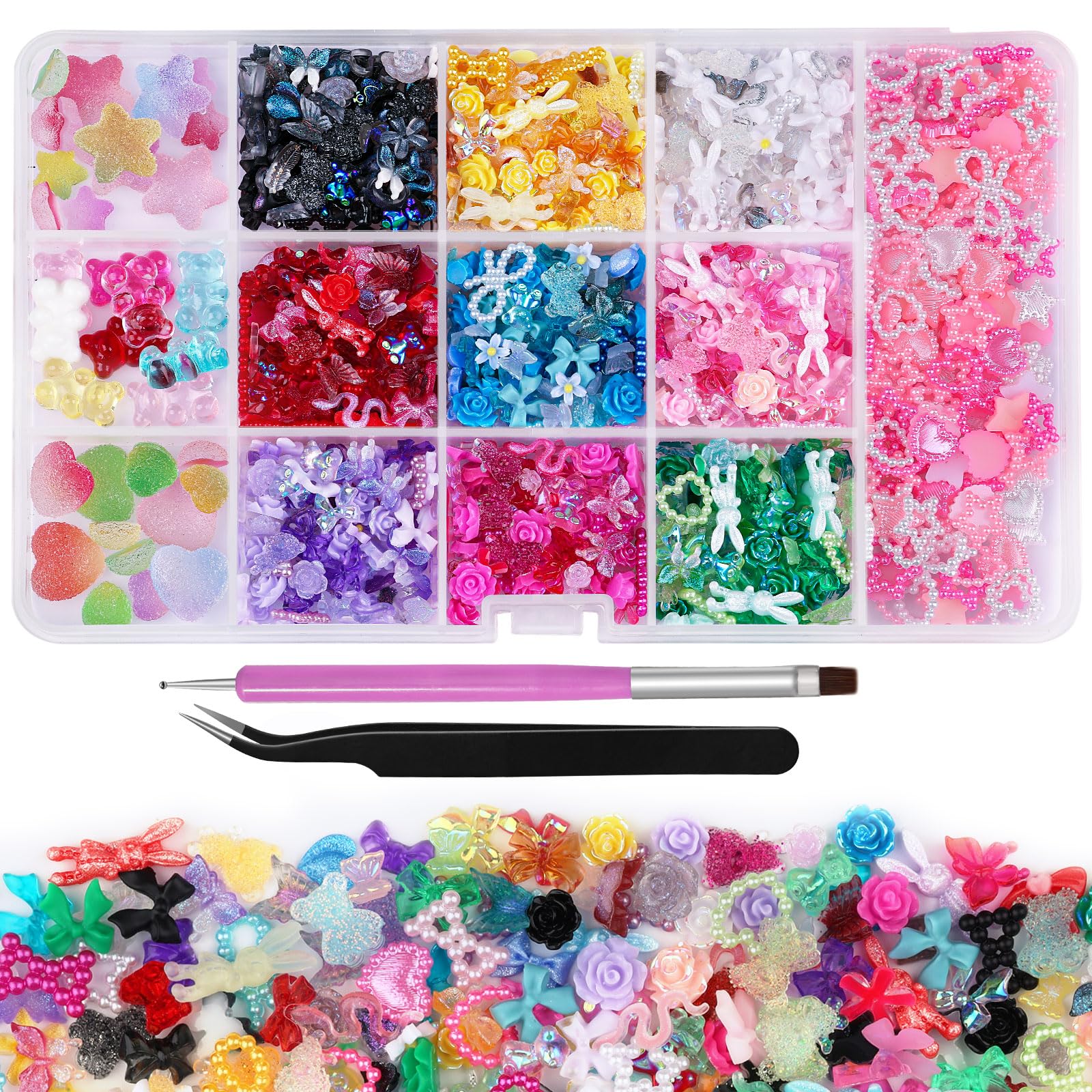 Kikonoke front packaging showing full 780-piece nail charm assortment and tools