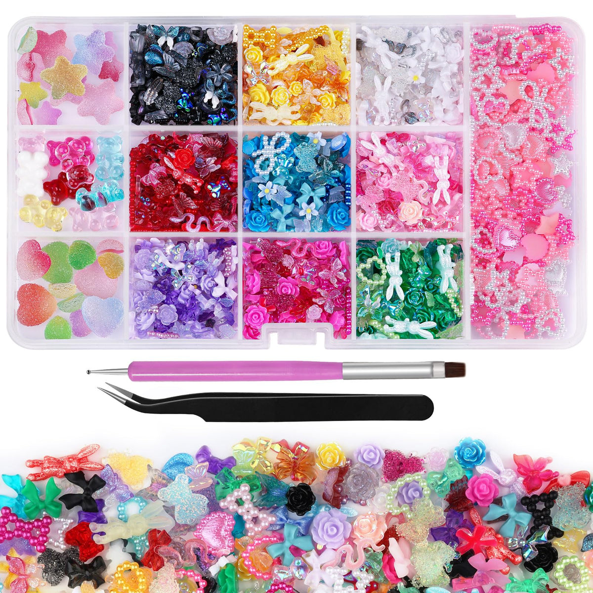 Kikonoke front packaging showing full 780-piece nail charm assortment and tools