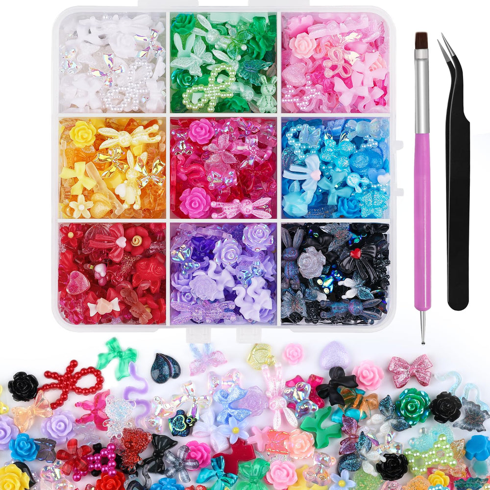 Kikonoke front packaging displaying 630+ colorful resin nail charms and tools, shows value
