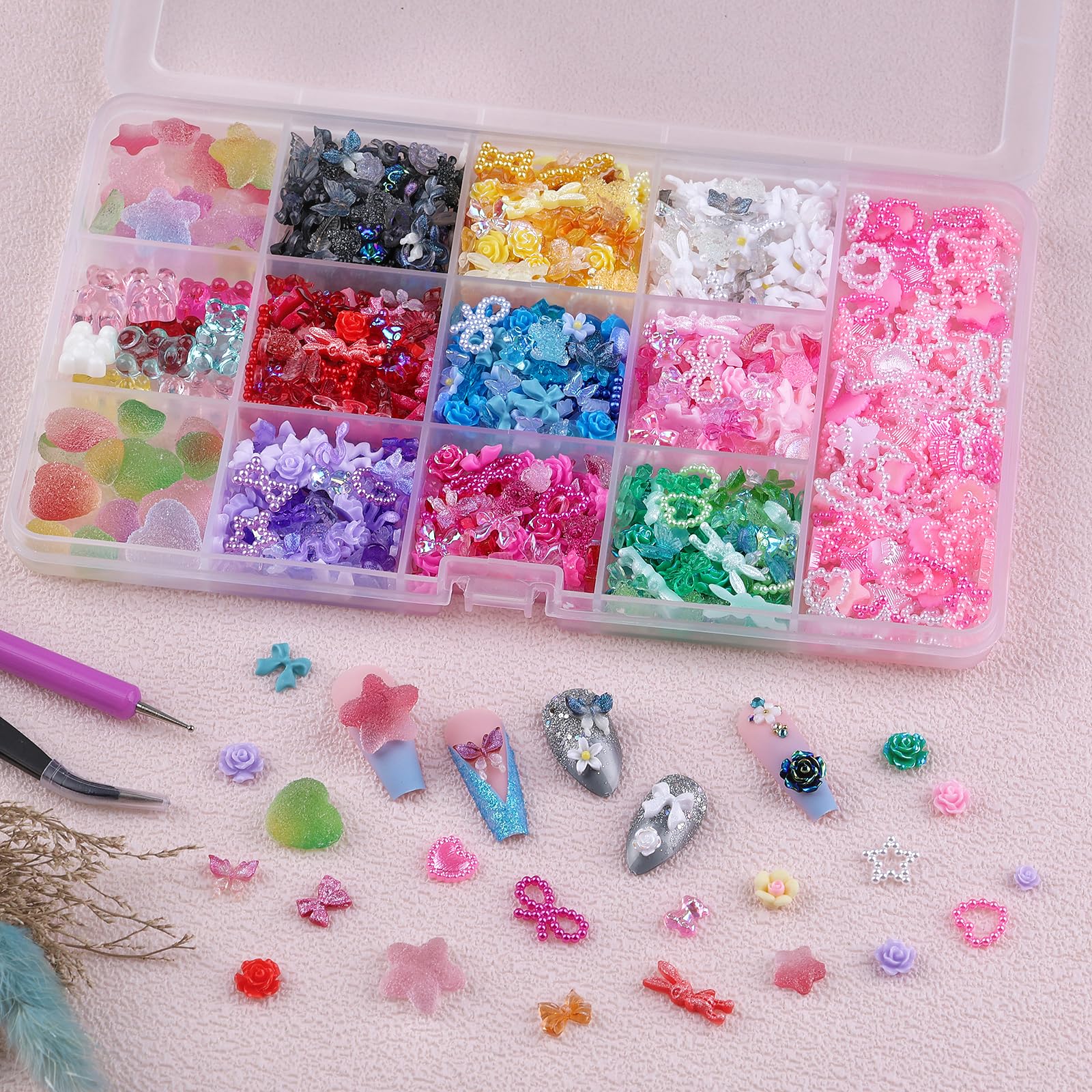 Kikonoke charms applied on nail tips demonstrating layered 3D design