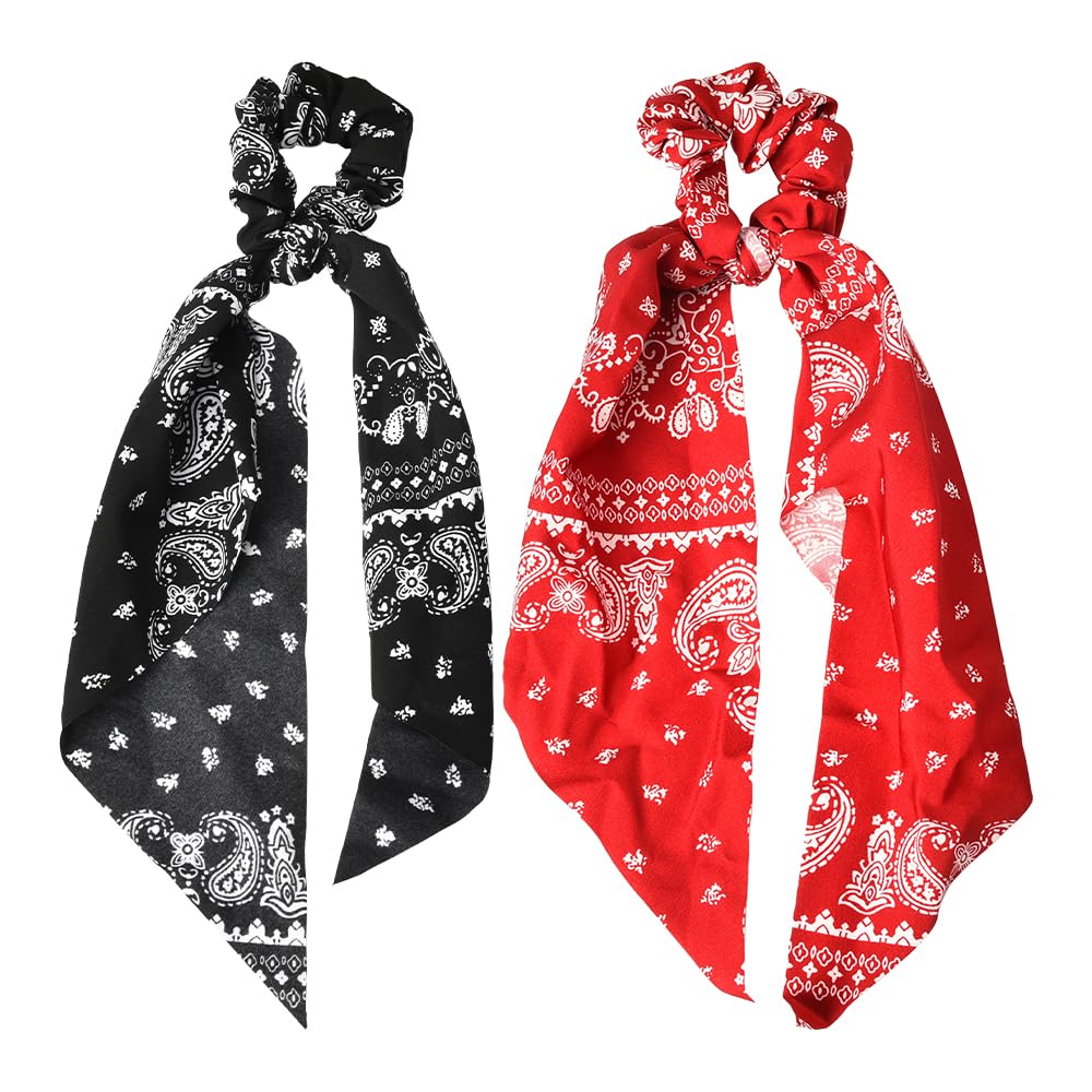 Kilener front view of ribbon scrunchie showing bandana print and bow benefit