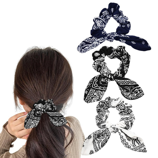 Kilener front packaging showing three paisley bow scrunchies and gift-ready look