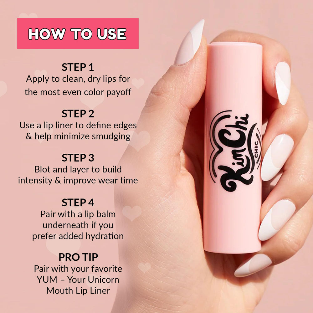 KimChiChic lipstick paired with lip liner to show precise shaping benefit