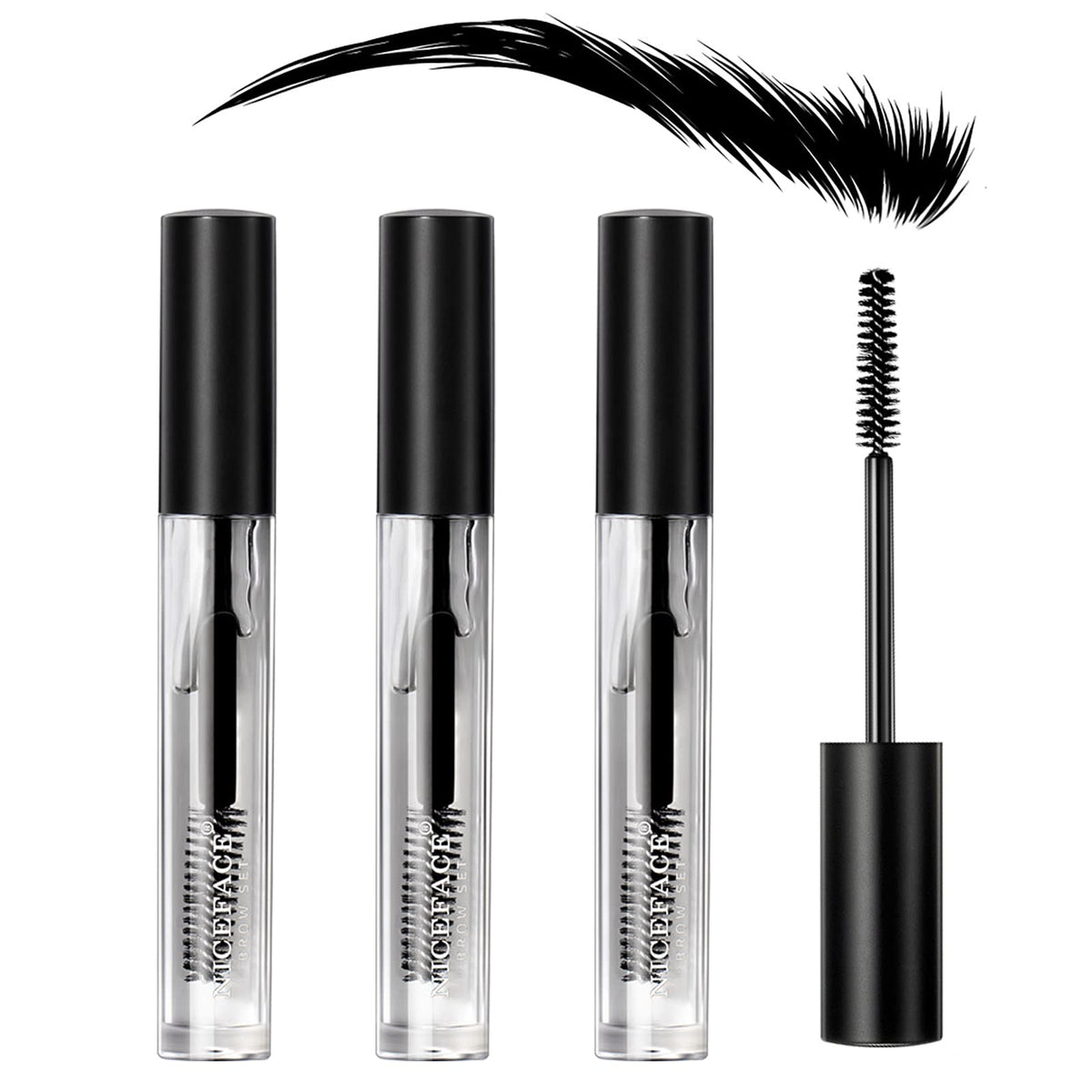 KIMIEYE front packaging showing three clear brow gel tubes and brand benefit