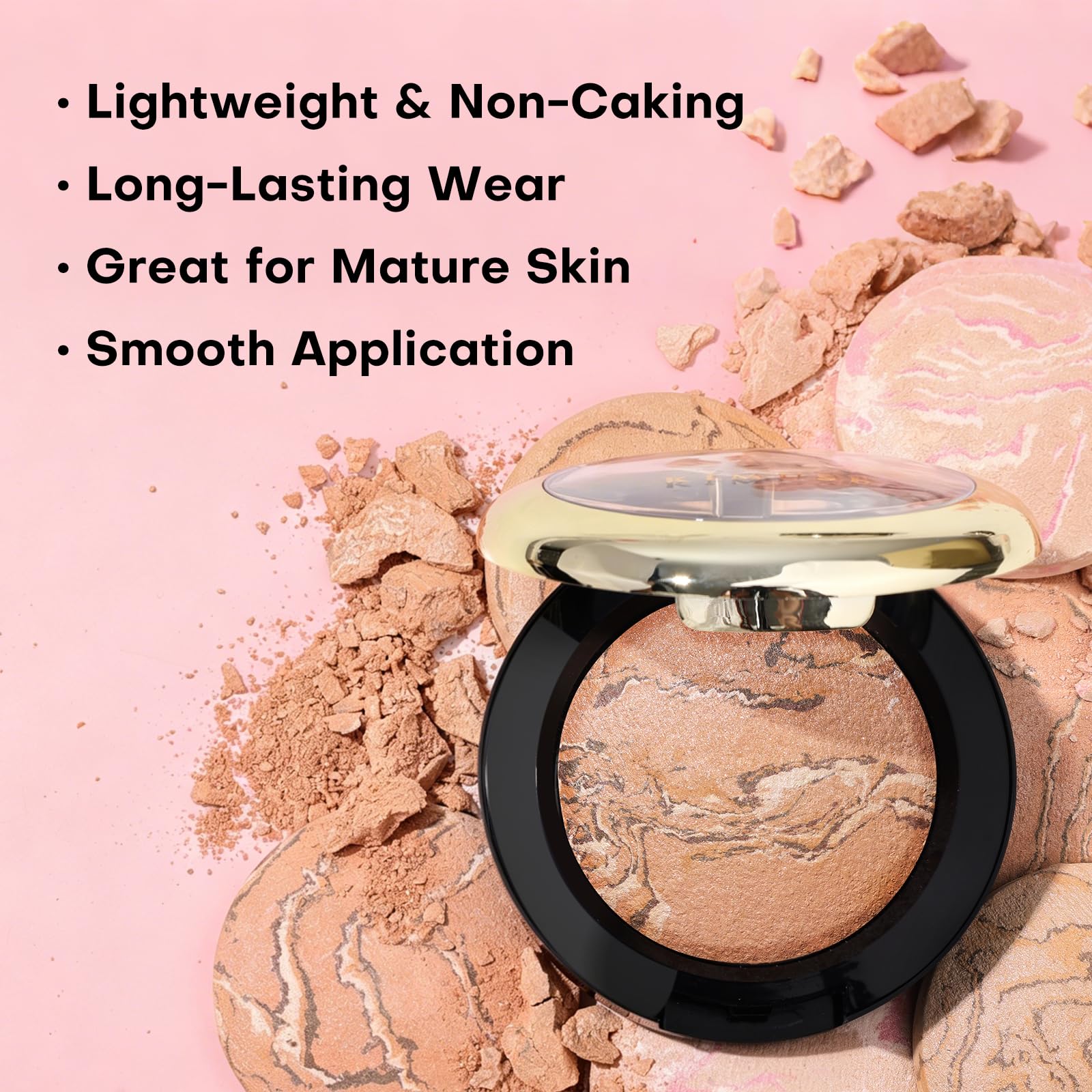KIMUSE open powder pan reveals baked surface with smooth blendable pigments