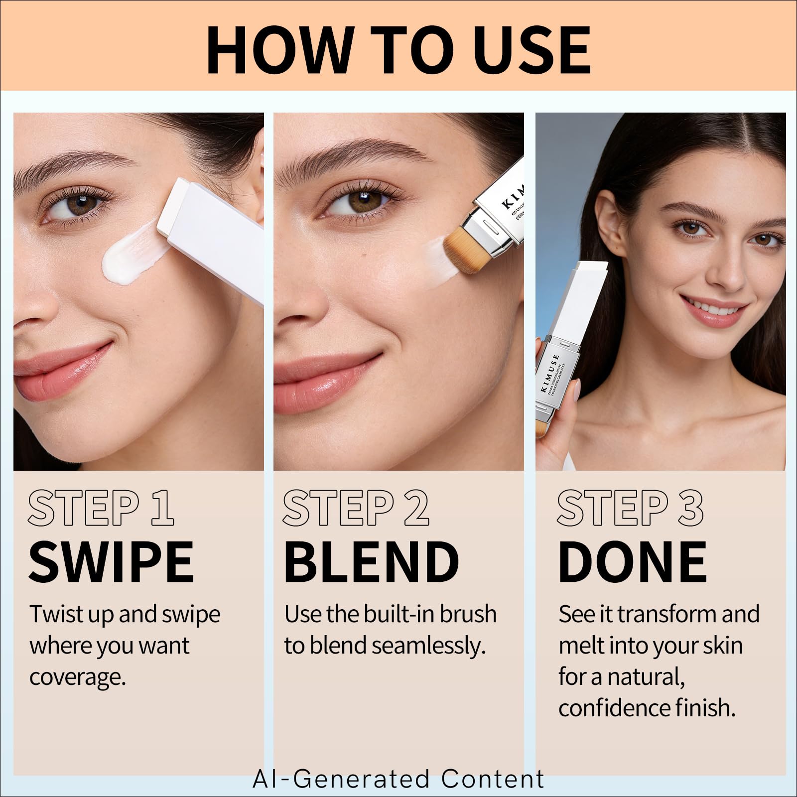KIMUSE face before and after split image showing natural color match and smoother look