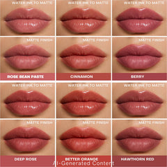 KIMUSE lip swatch on arm showing pigmented, buildable color results