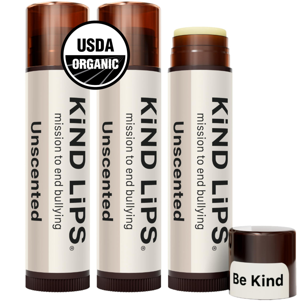 Kind Lips front packaging showing three unscented balm tubes for convenient care