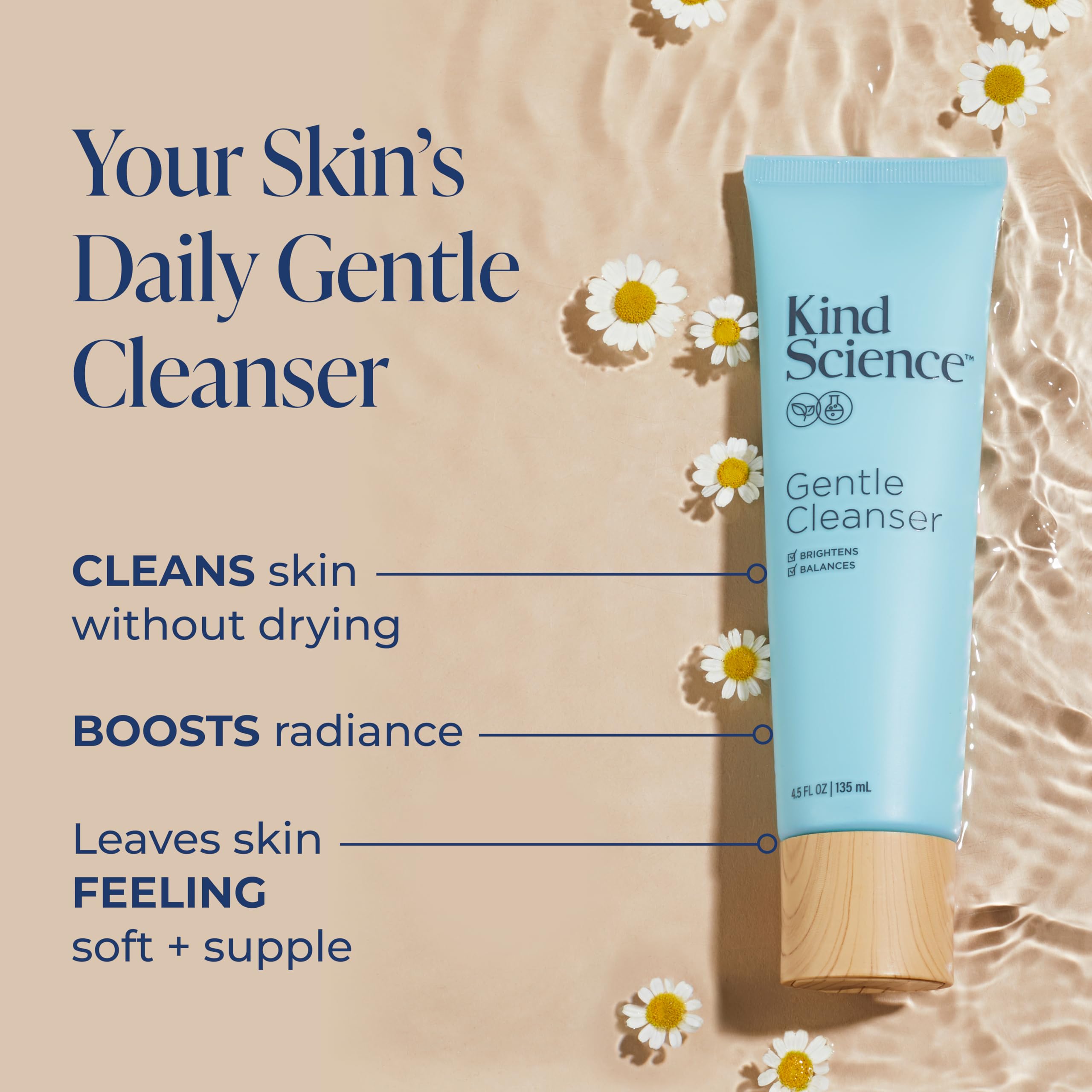 Kind Science creamy cleanser texture close-up illustrating hydrating, non-foaming feel