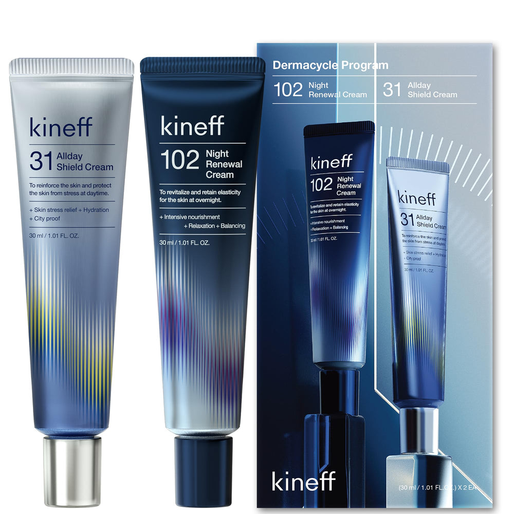 Kineff front packaging showing both day and night creams, clear duo benefit