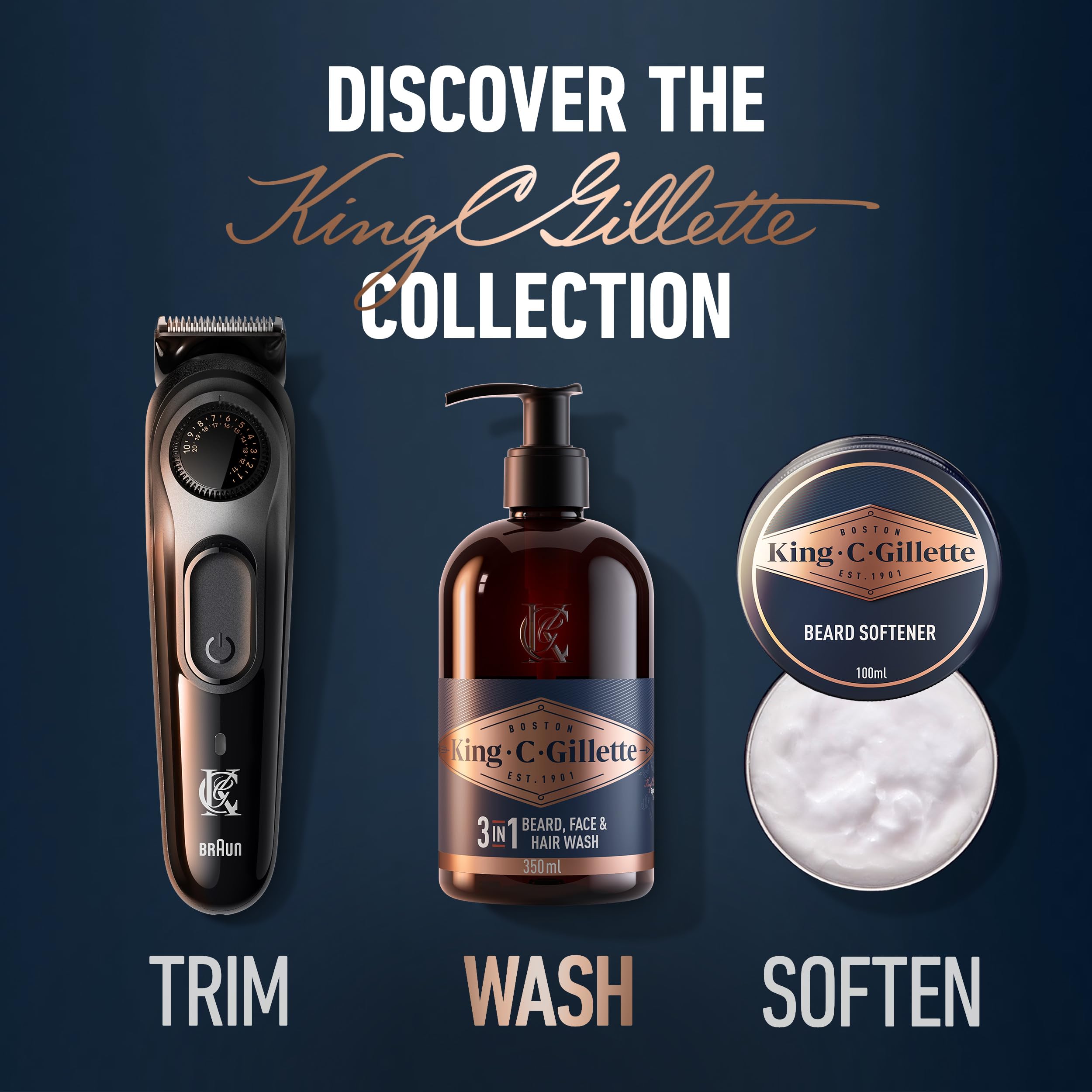 King C. Gillette groomed man using wash depicting softer, conditioned beard