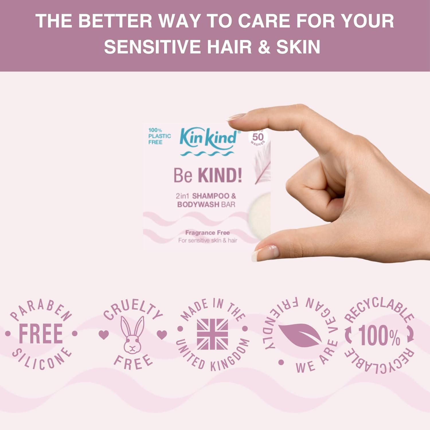 KinKind bar in hand while washing hair illustrating gentle cleansing benefit