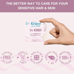 KinKind bar in hand while washing hair illustrating gentle cleansing benefit