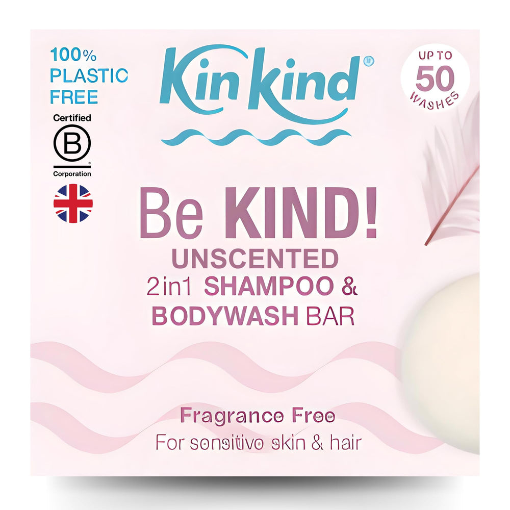 KinKind front packaging shows unscented 2‑in‑1 bar benefit low waste