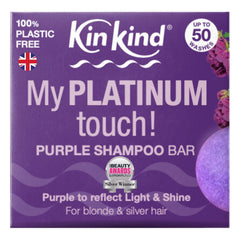 KinKind purple shampoo bar front view showing compact, travel-friendly design and eco benefit