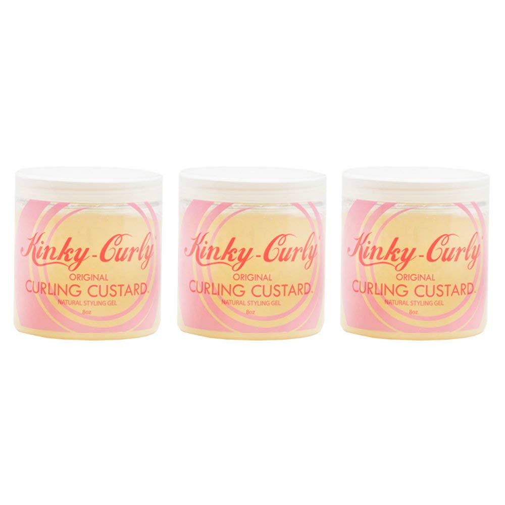 Kinky Curly front packaging showing three 8oz jars and product name, clear labeling benefit