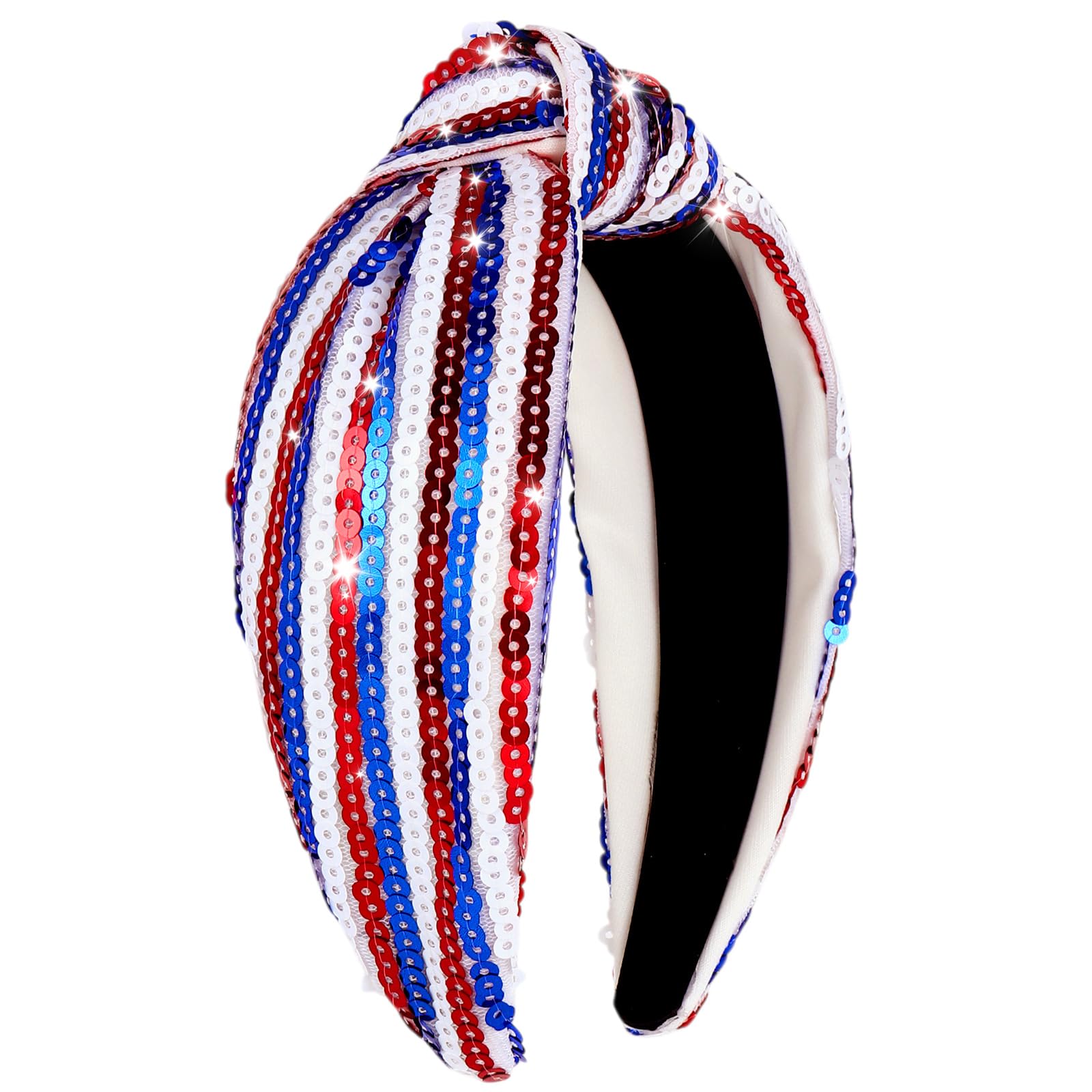 KINYFY front view of sequin headband showing patriotic colors and festive look