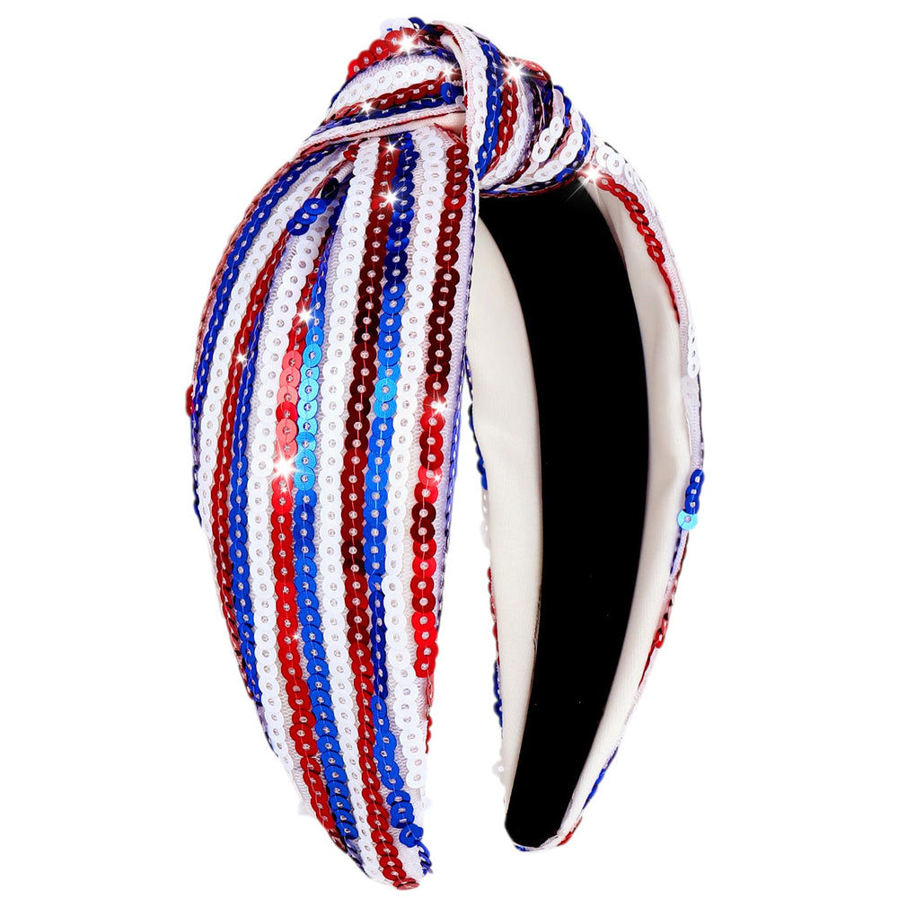 KINYFY front view of sequin headband showing patriotic colors and festive look