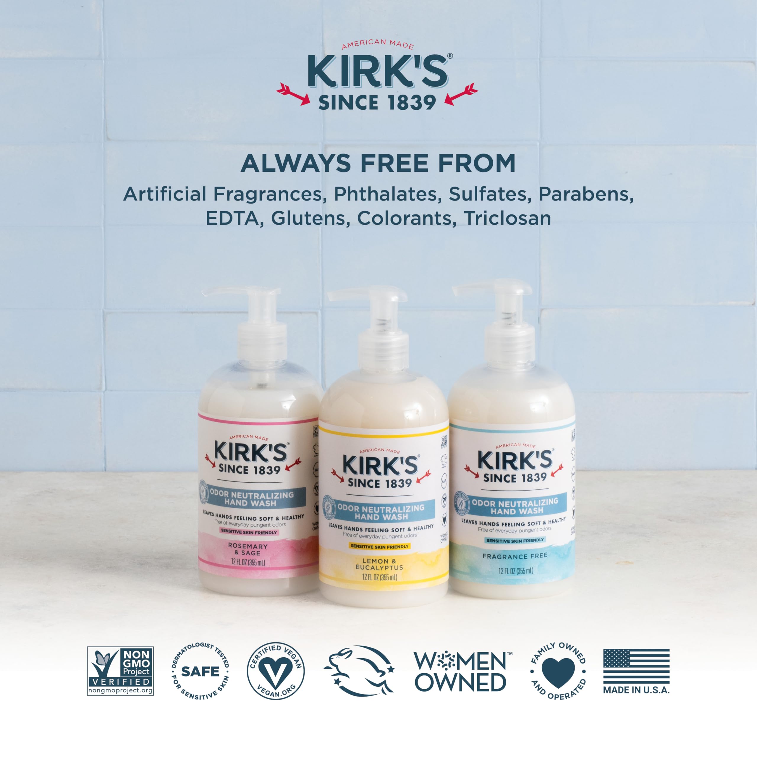 Kirk's bottle on a bathroom counter styling that conveys everyday household use