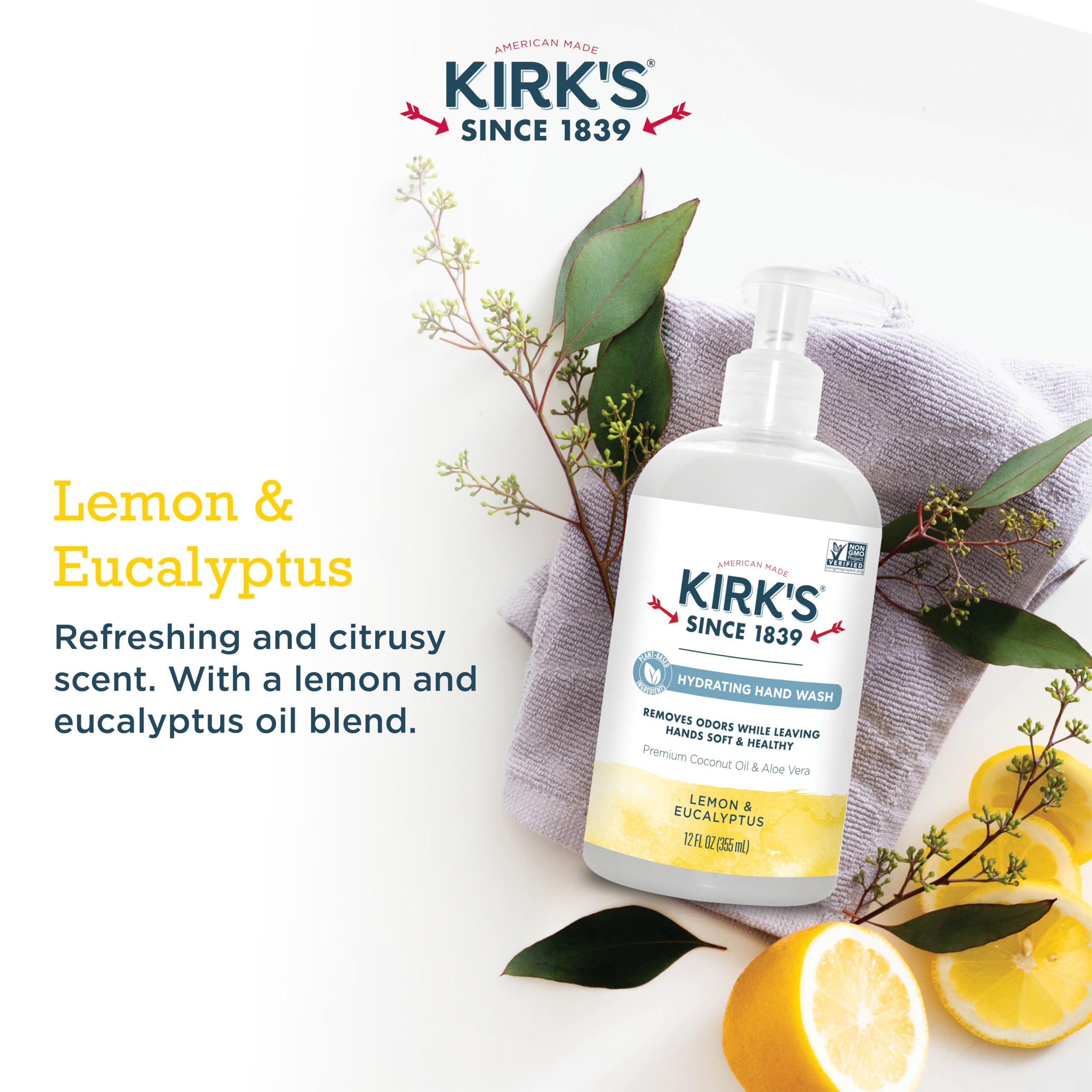 Kirk's bottle beside lemon and eucalyptus illustrating fresh, natural scent