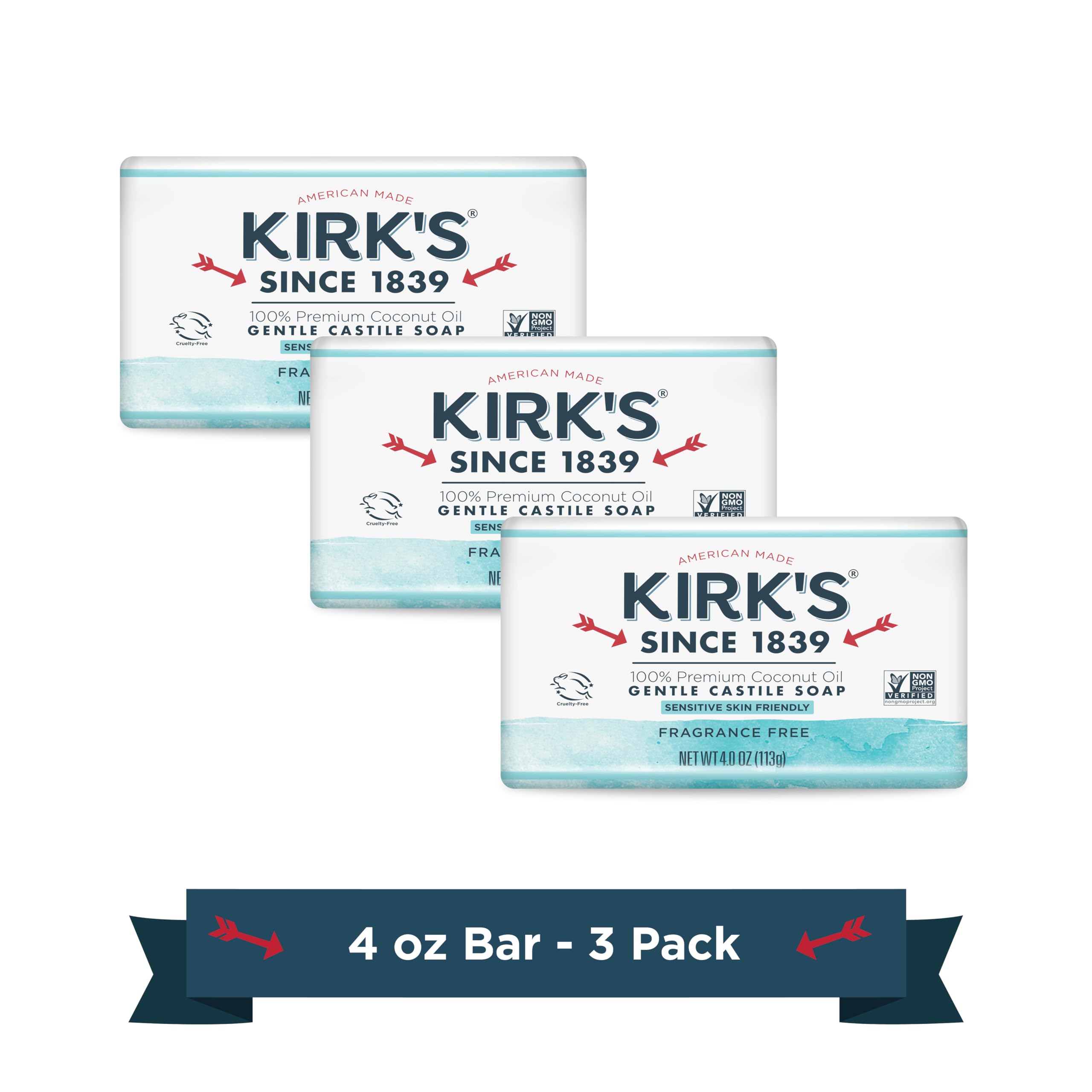 Kirk's front packaging showing three fragrance-free bars and benefits