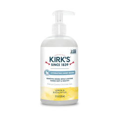 Kirk's pump bottle front label showing brand and scent for quick identification