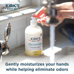 Kirk's soap on hands in kitchen demonstrating odor-neutralizing benefit